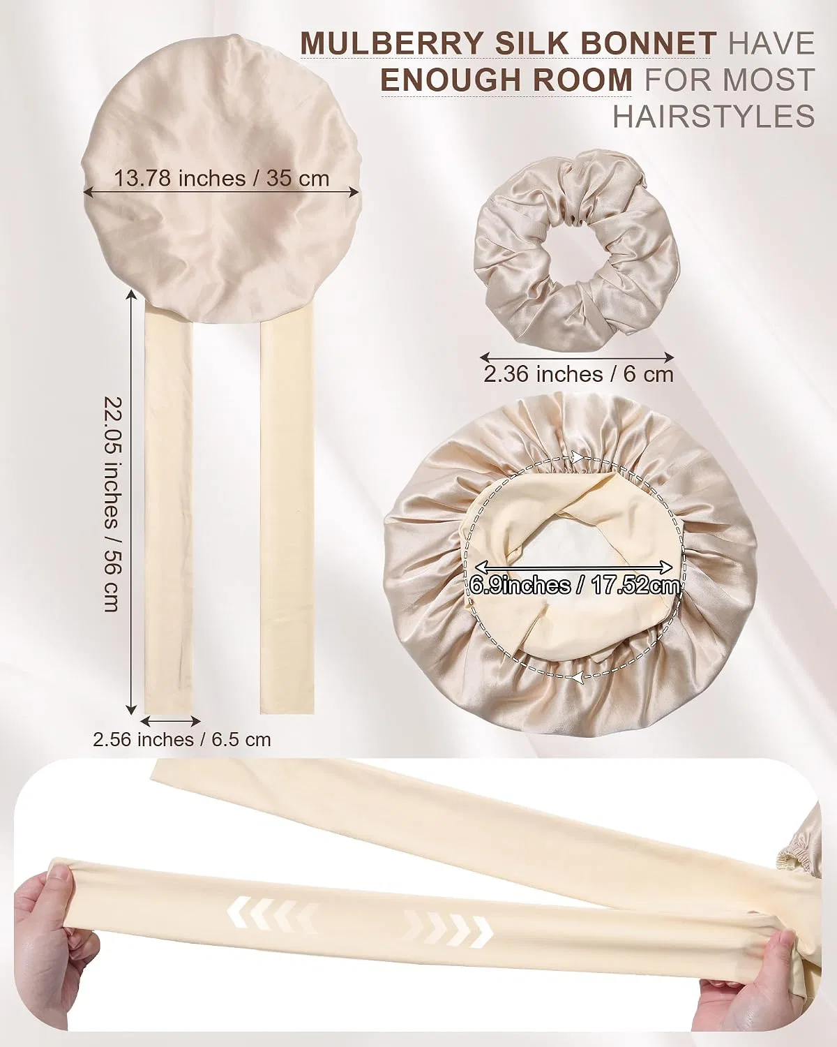 Двухслойная двусторонняя шапочка для сна с галстуком для волос, AWAYTR, Beige and Champagne — фото 2