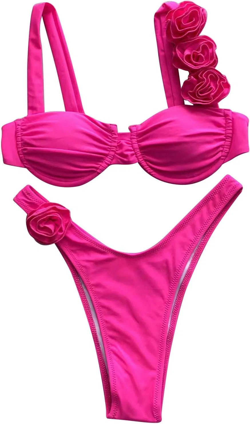 Женский бикини-комплект с 3D розовой аппликацией, Hot Pink