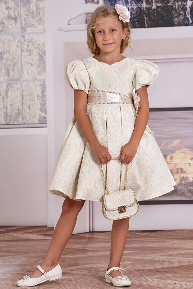 Детское платье для девочек с рукавом-фонарик Süslü Pink Kids, Cream