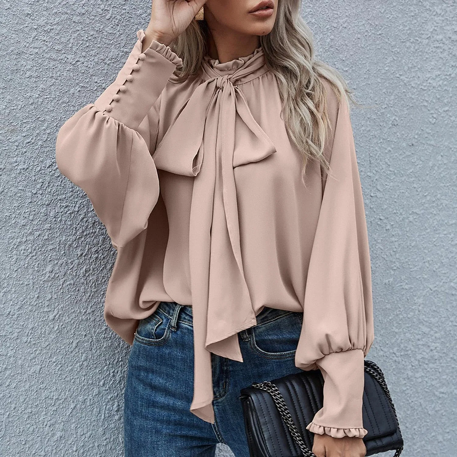 Женская блузка с бантом и рукавом-фонарик Elegant Bow Knot Mock Neck Top Ruffles Sleeve Lantern Chiffon Shirts, Beige — фото 2