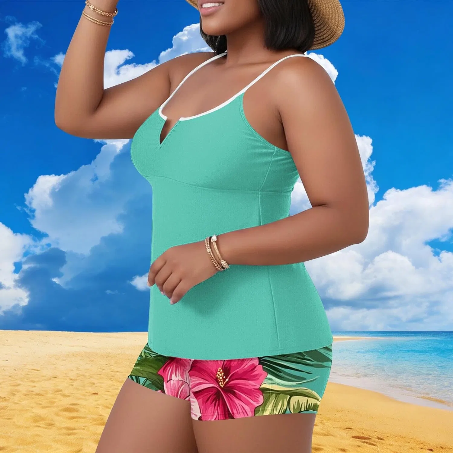 Женский танкини-купальник с высокой талией и контролем живота Plus Size, A03_green — фото 2