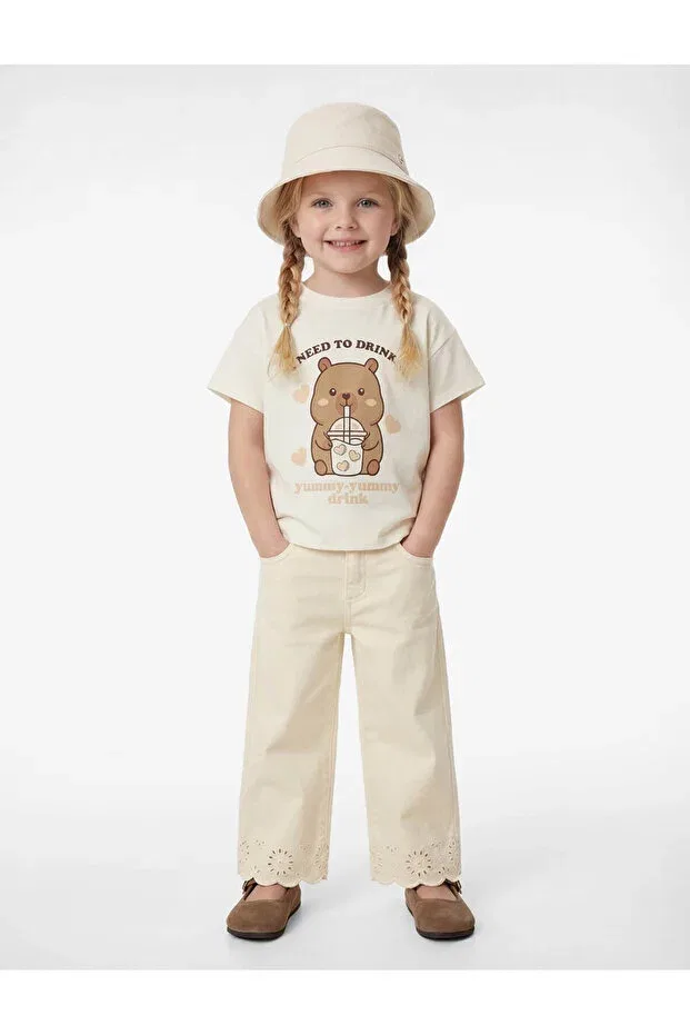 Детская хлопковое футболка с принтом Teddy Bear Printed Crew Neck Short Sleeve T-Shirt Koton, Ecru