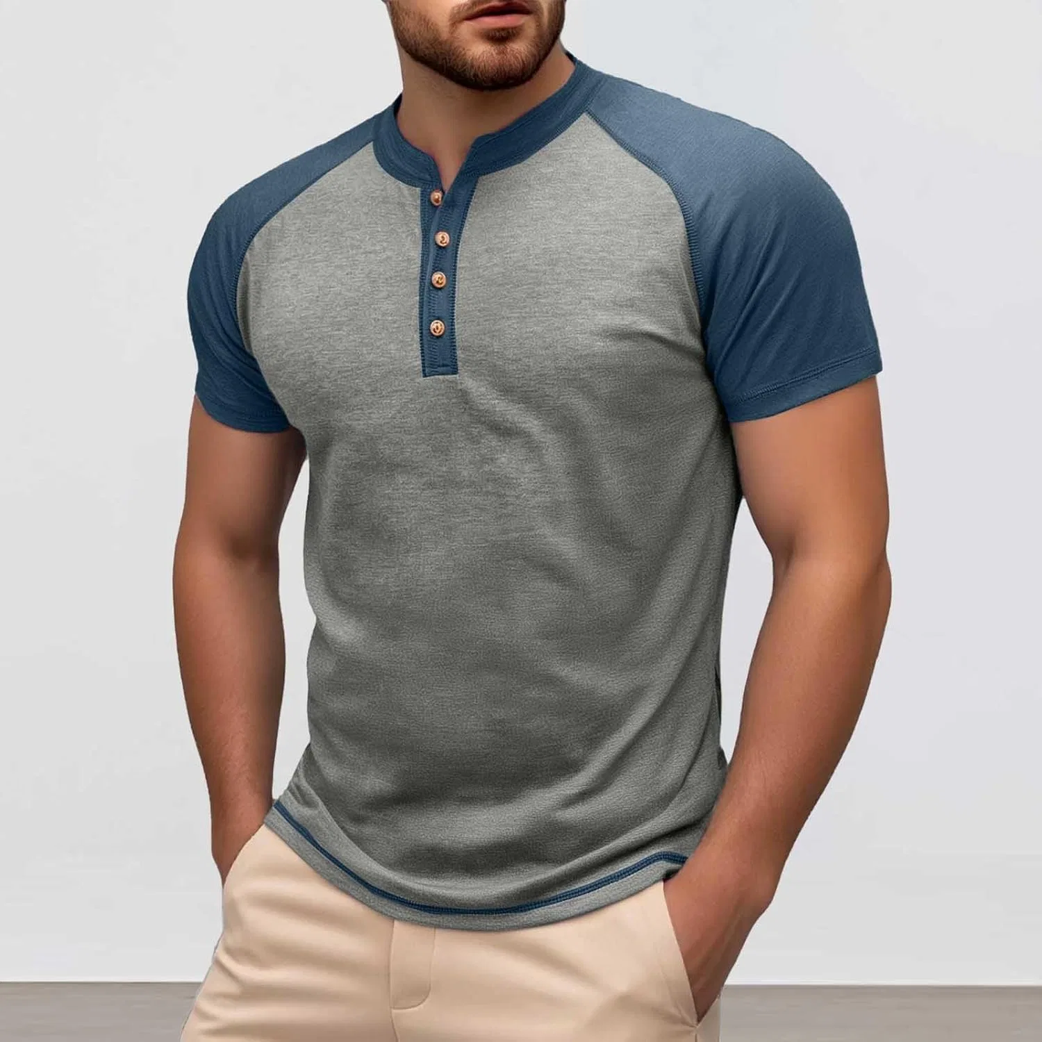 Мужская футболка с V-образным вырезом и рукавом 3/4, Light Gray — фото 2
