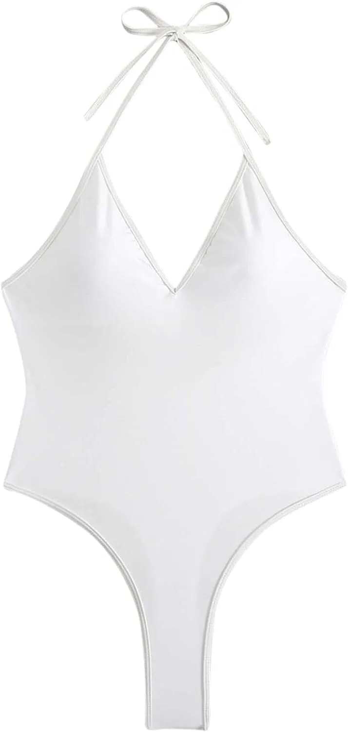 Женский слитный купальник V-образным вырезом Vintage, White