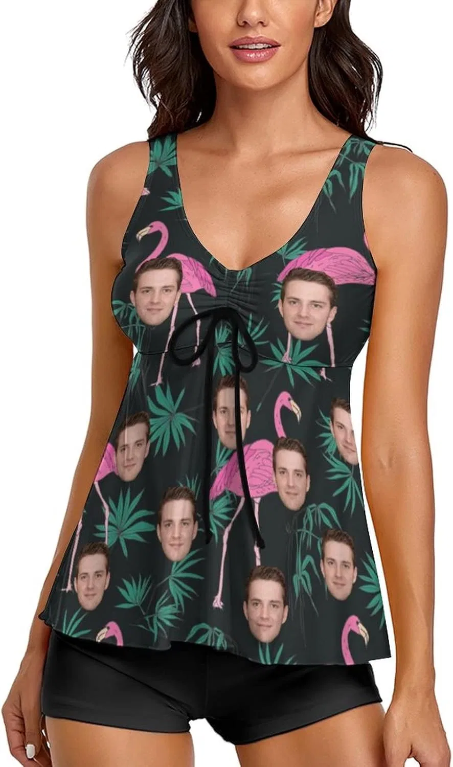 Женский танкини с принтом лица, Tank Top с шортами, Flamingo Tropical Leaves Black
