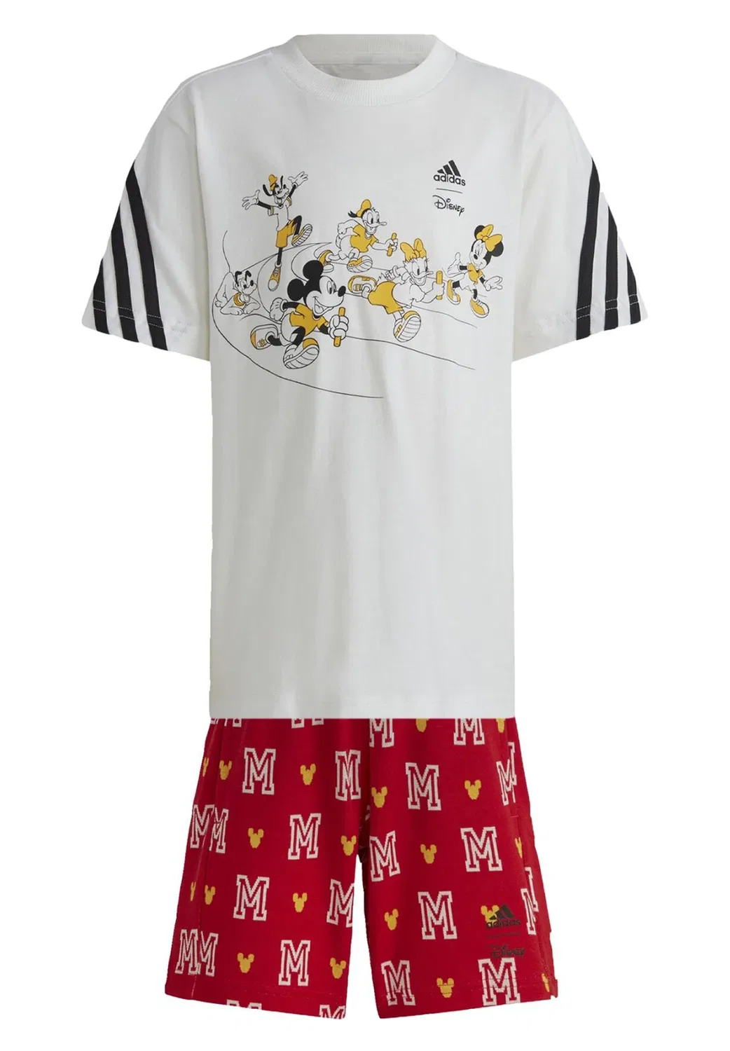Спортивный костюм Dynsey с короткими шортами и изображением Микки Мауса Adidas Performance, Top White Black Bottom Better Scarlet S White Bold Gold
