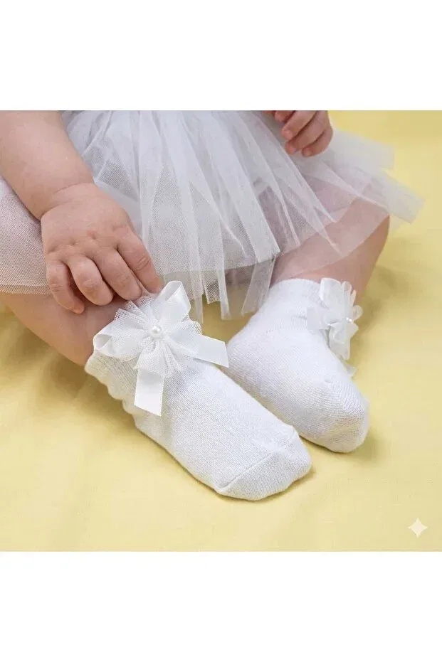 Детские носки для девочек хлопковые набор 3 пары Pearl and ribbon detailed baby girl socks set of 3 Thagos, Multicolor — фото 4