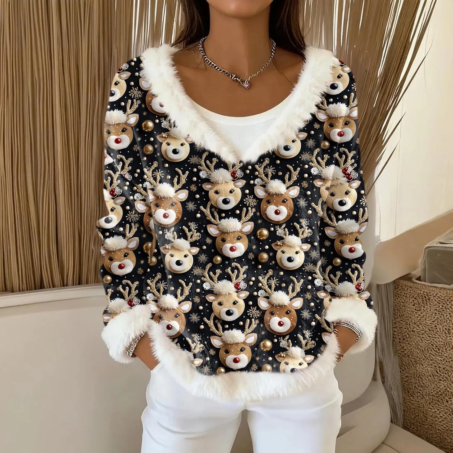 Женский свитшот с V-образным вырезом и меховой отделкой, Christmas Sweaters For Women, чёрный — фото 2