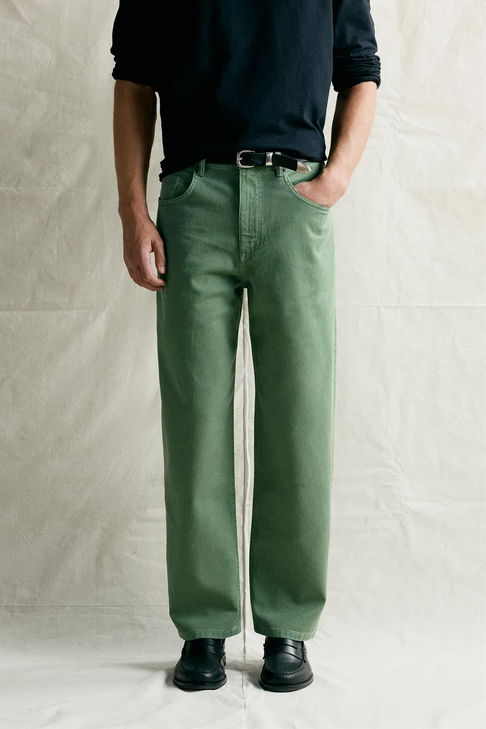 Джинсы свободного кроя с эффектом потертости ZARA, Mid-green — фото 2