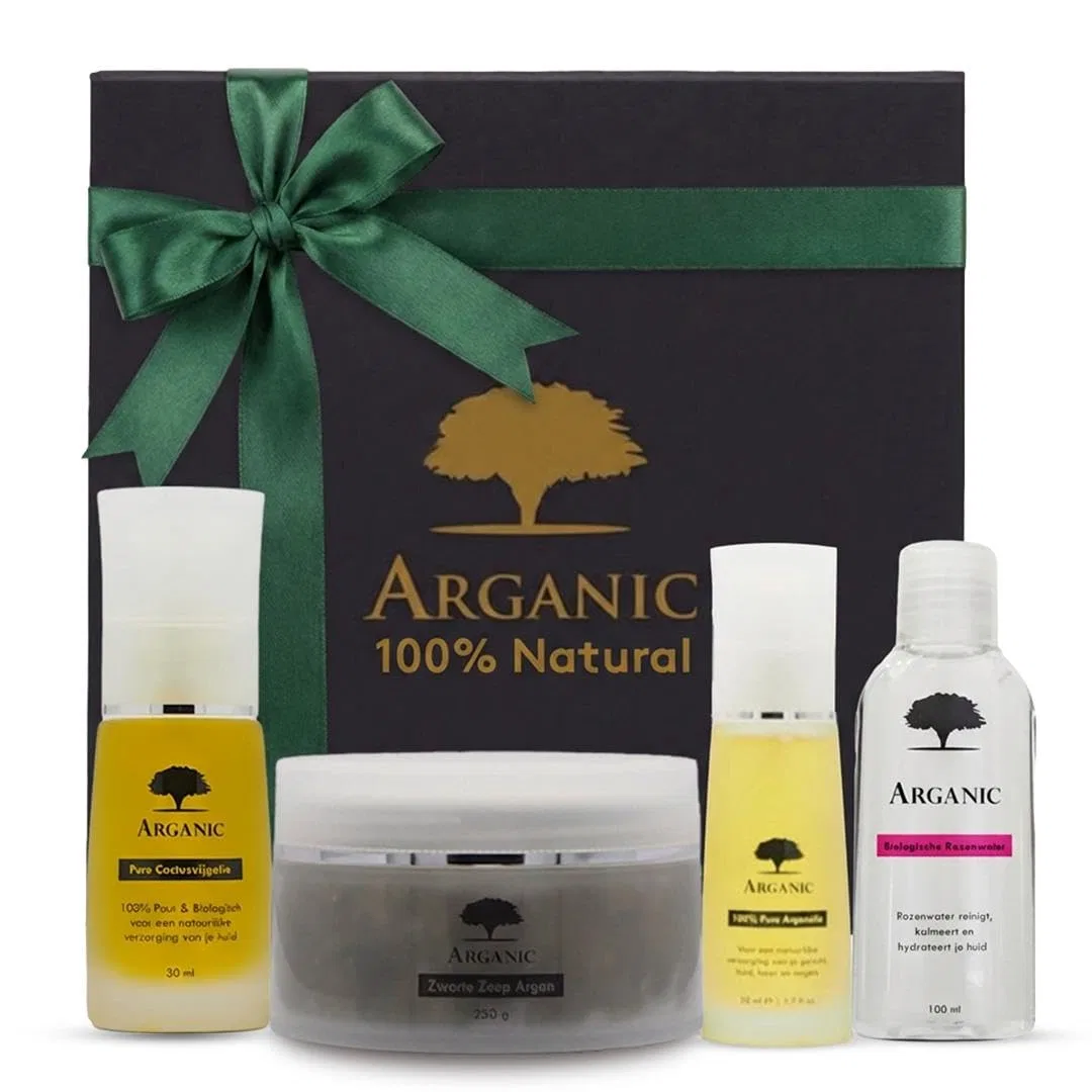 Набор для лица Argan Winkel, Arganic, 4 предмета: черное мыло, масло кактуса, аргановое масло 50 мл, розовая вода