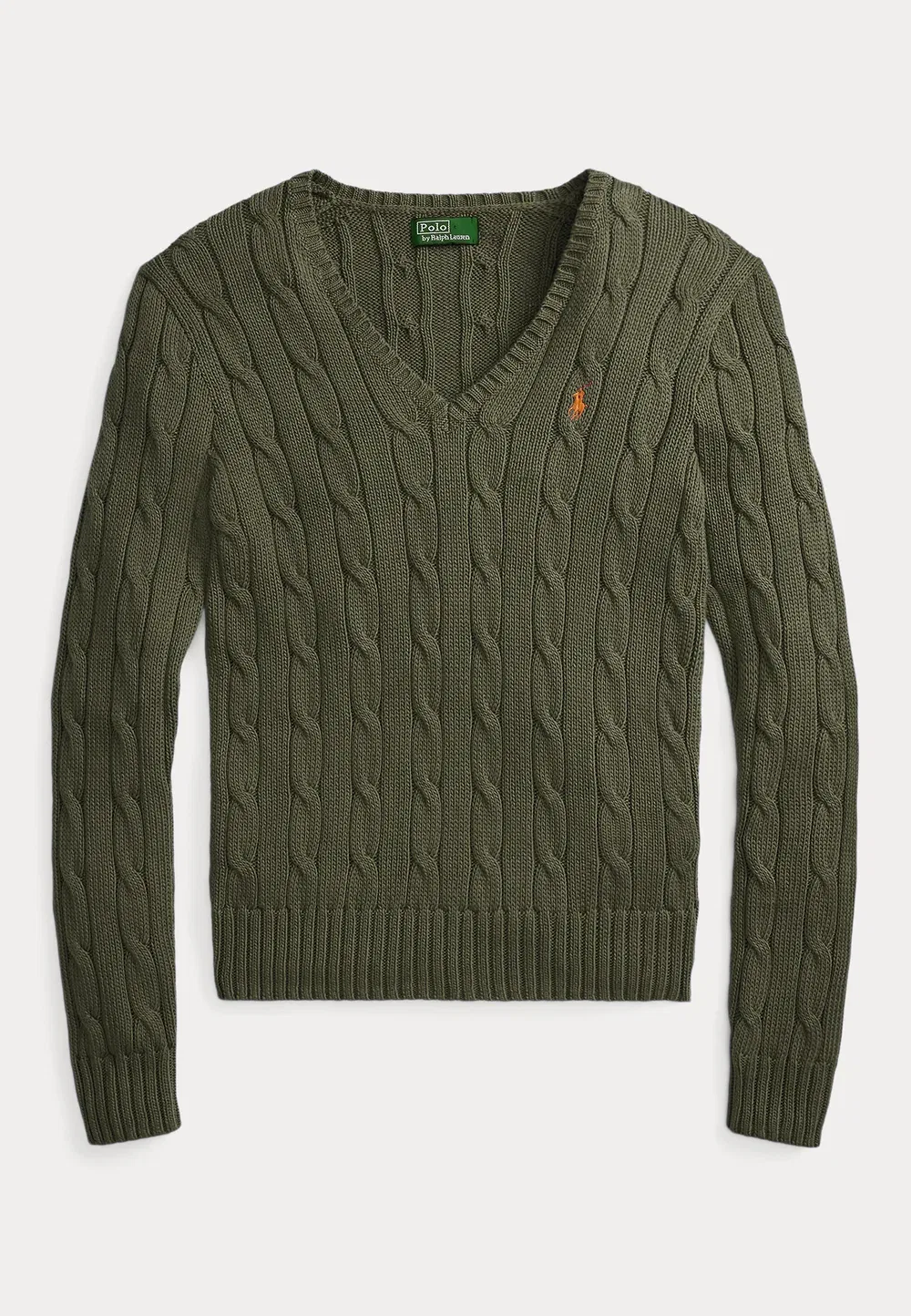 Хлопковый свитер крупной вязки с V-образным вырезом Polo Ralph Lauren, Dense Olive — фото 4