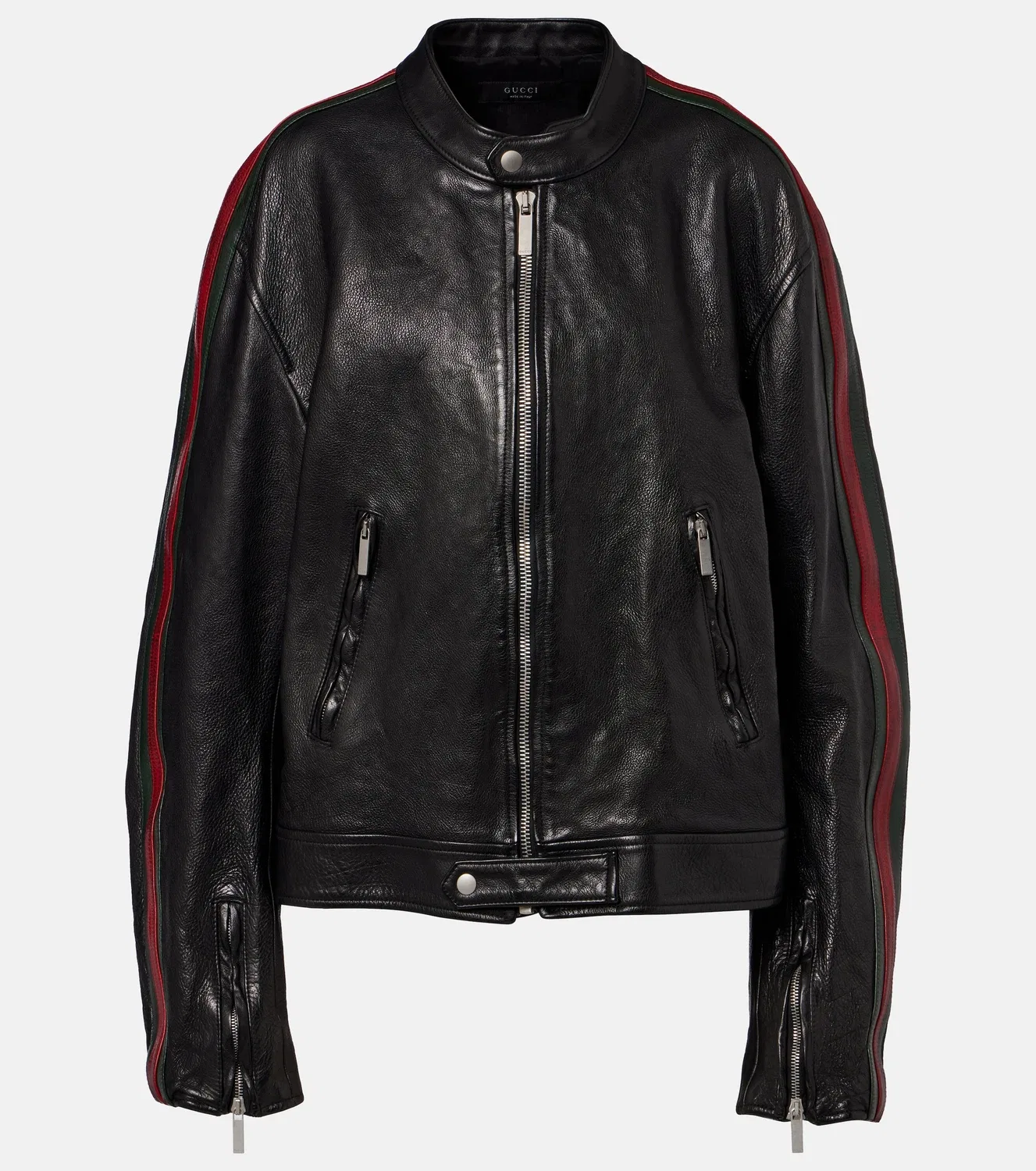 Кожаная мотоциклетная куртка Web Stripe GUCCI, черный