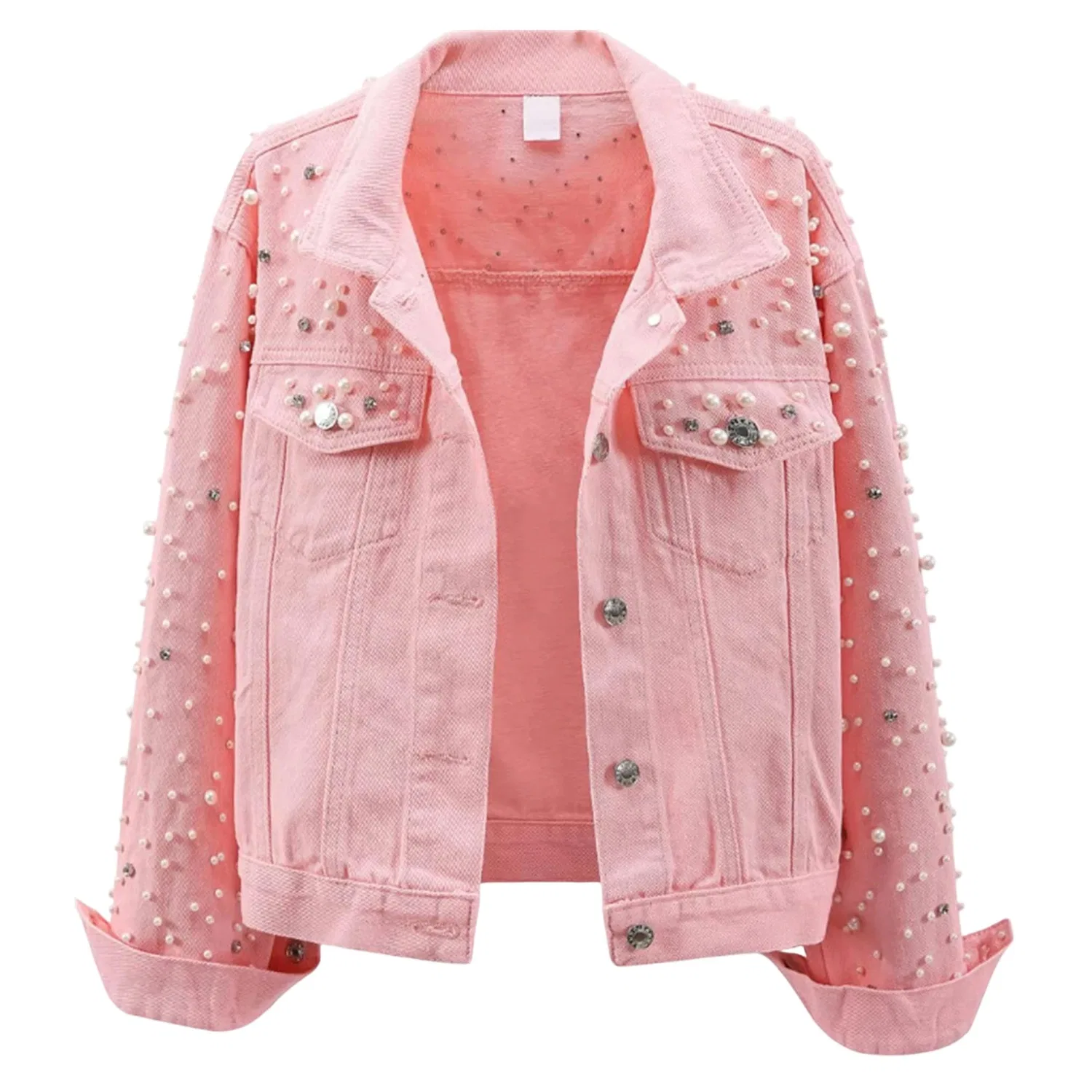 Женское джинсовое пальто с декором из страз Chrome Pearl Rhinestone, Rosa