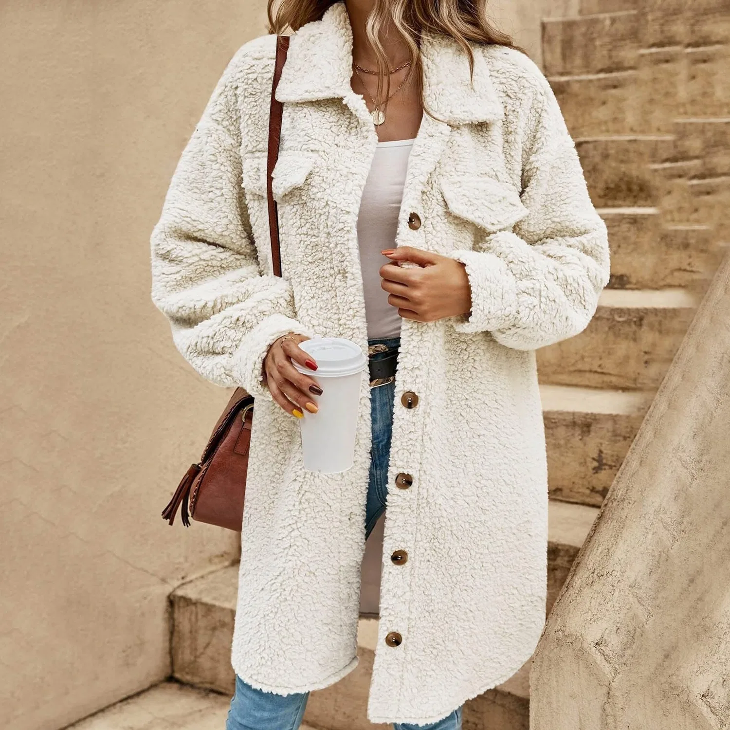 Женское пальто с длинным рукавом, модель Women Winter Coats Fleece Jacket Long Sleeve Cardigan Sweatshirts Open Front Lapel Outerwear, bianco — фото 3