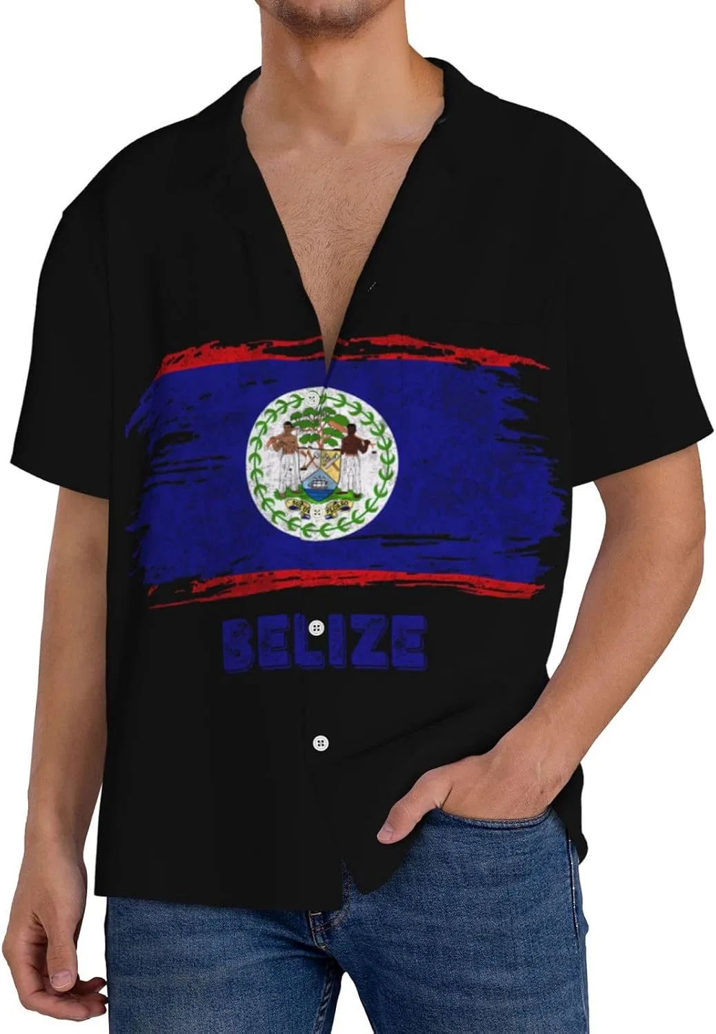 Мужская свободная рубашка с коротким рукавом и воротником-куба Belize Flag, Black