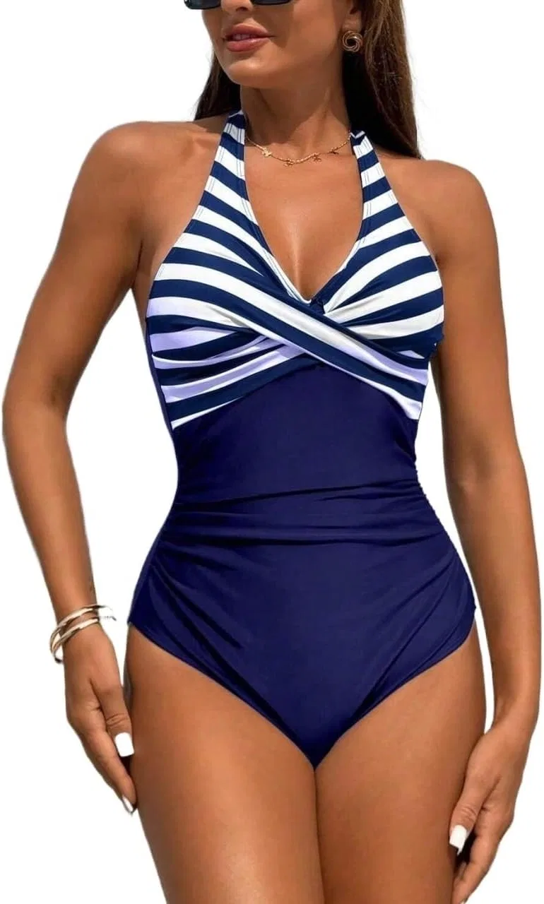 Женский цельнокроеный купальник с полосками, Navy Blue
