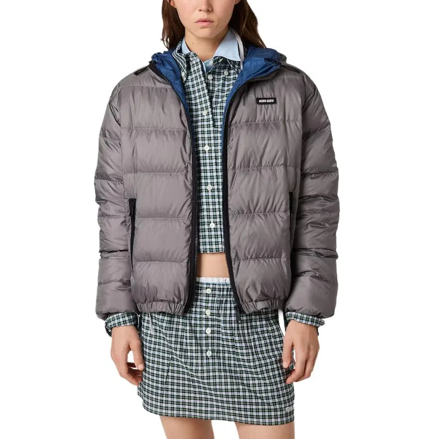 Женское пальто с капюшоном средней длины Straight Fit MIU MIU, Steel Gray — фото 4