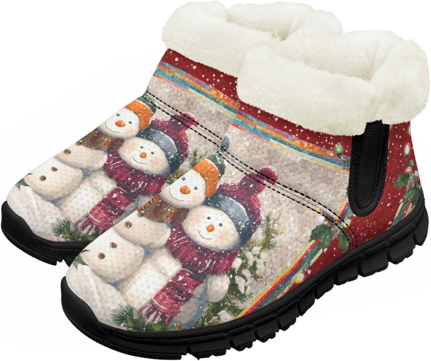 

Зимние сапожки для девочек-детей, противоскользящие прогулочные кроссовки с меховой подкладкой, без шнурков, теплые короткие ботинки Pointodoor, Christmas Snowman Pattern