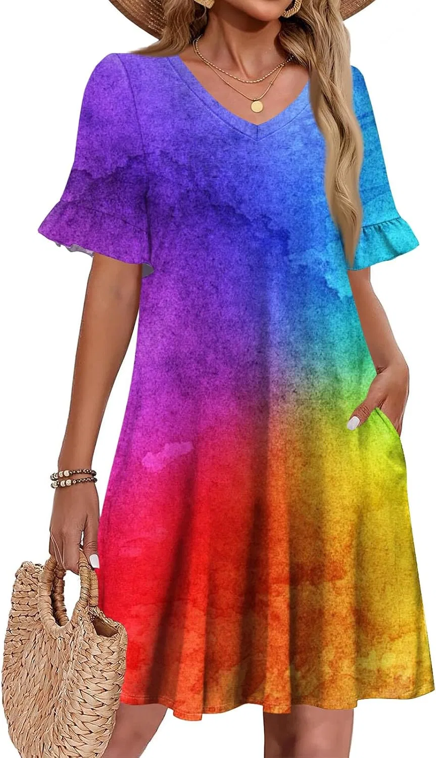 Женское летнее платье А-силуэта с воланами V-Neck, Short Sleeve, Floral, 2-multicolor — фото 2