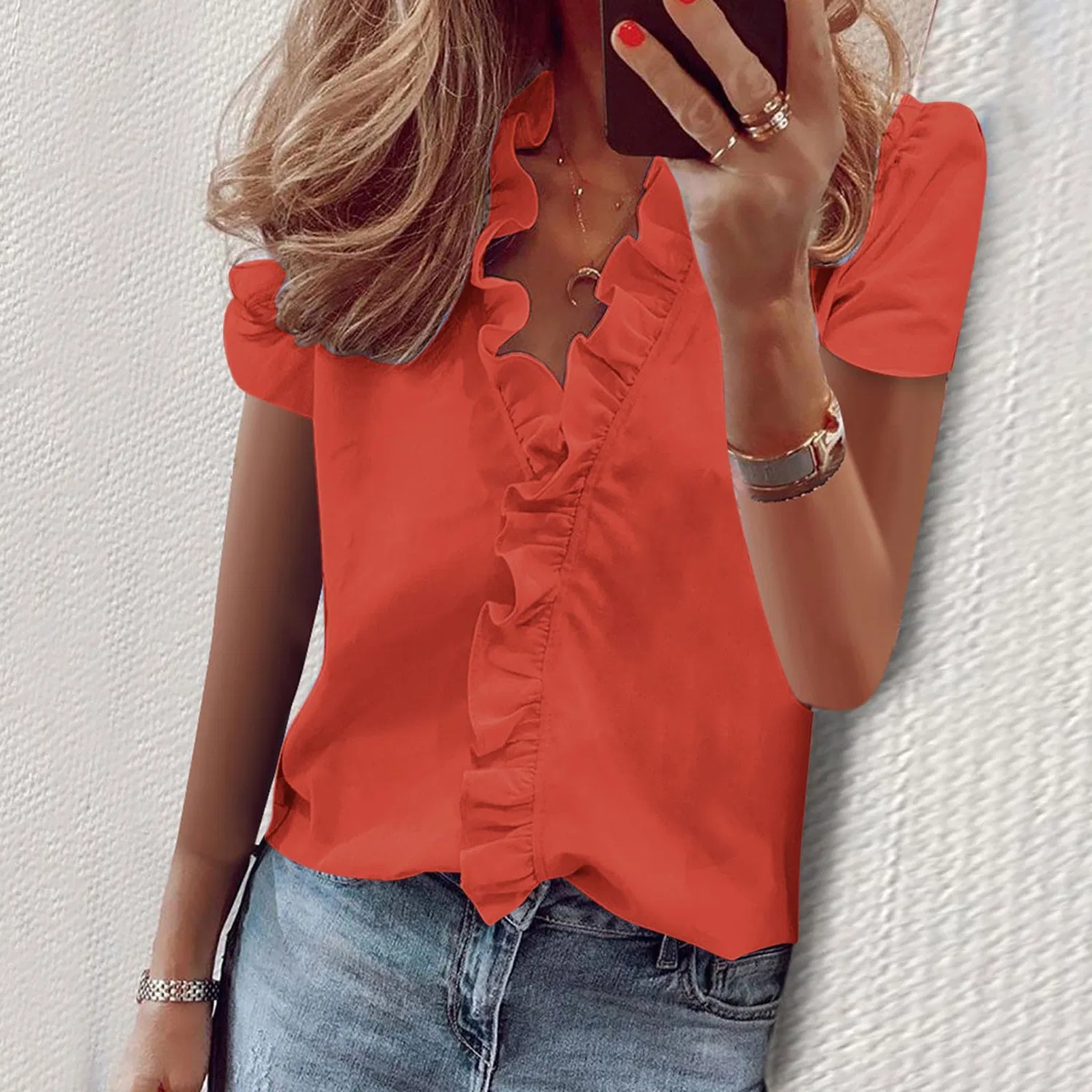 Женская футболка с V-образным вырезом и воланами, с коротким рукавом, Short Sleeve-orange — фото 2