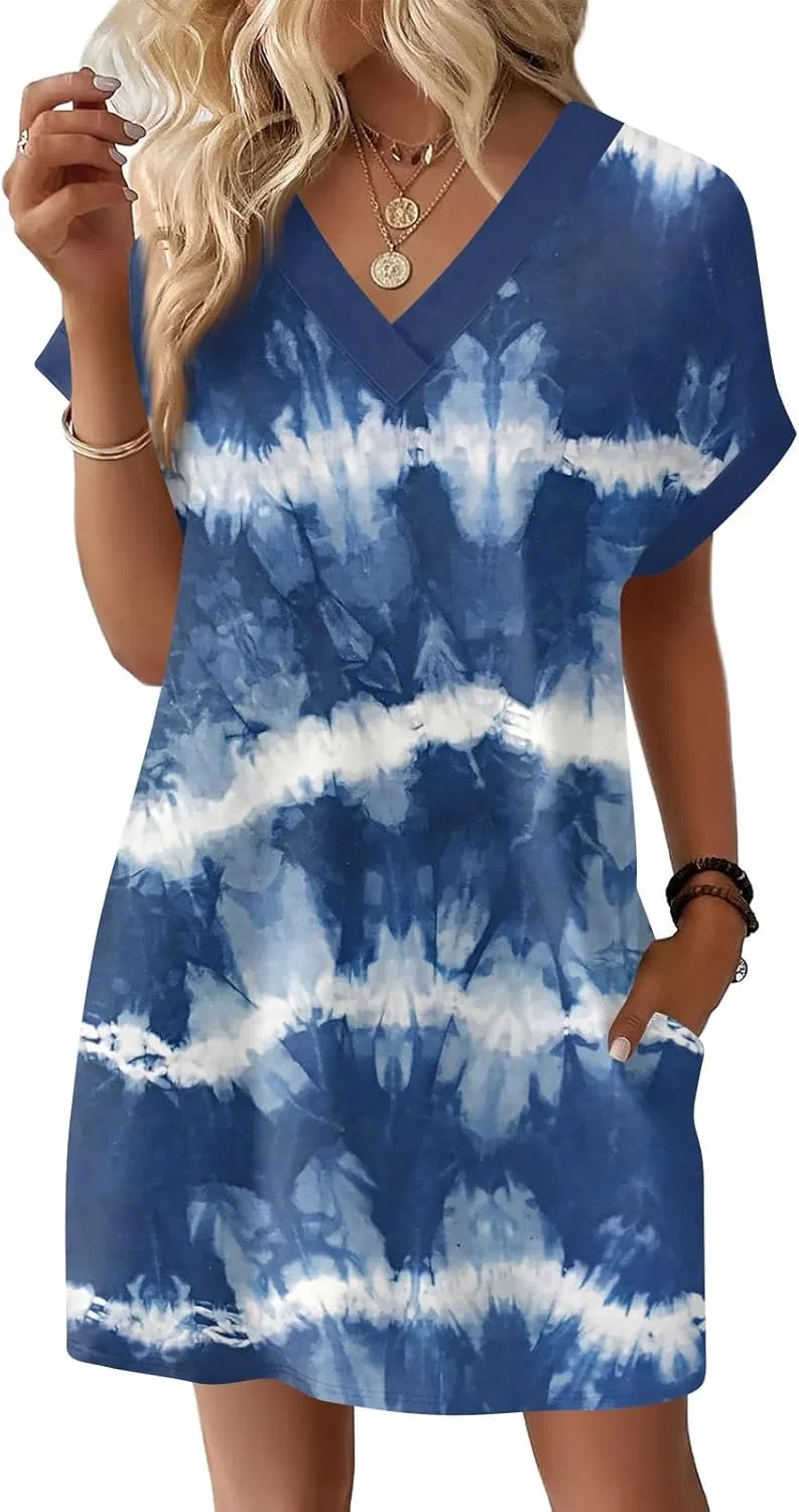 Женское летнее платье с V-образным вырезом Casual, Blue