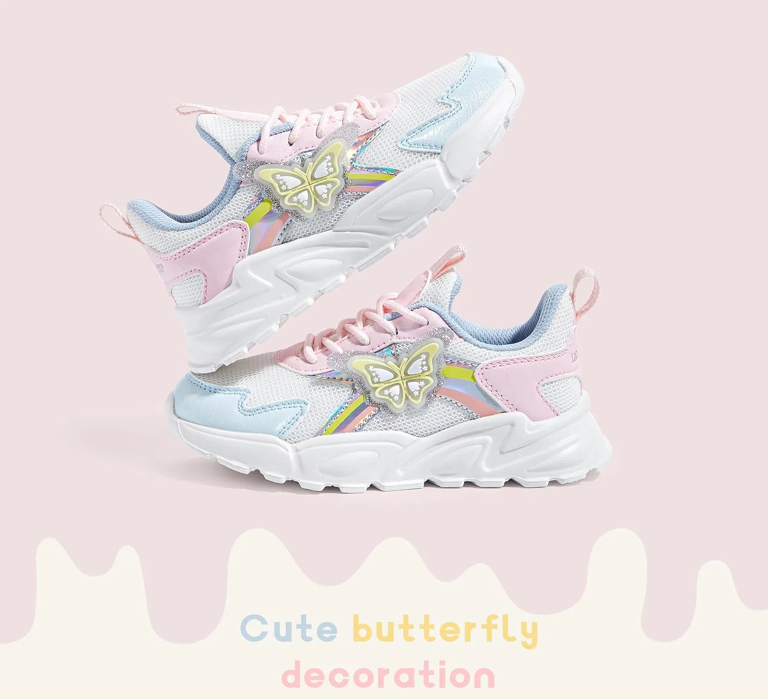Детские кроссовки для девочек с принтом бабочки LUCKY STEP, Yellow/Pink — фото 3