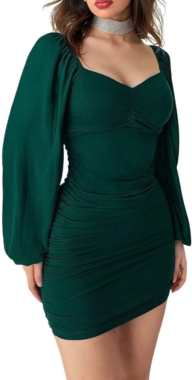 Женское облегающее мини-платье с длинными рукавами, Dark Green