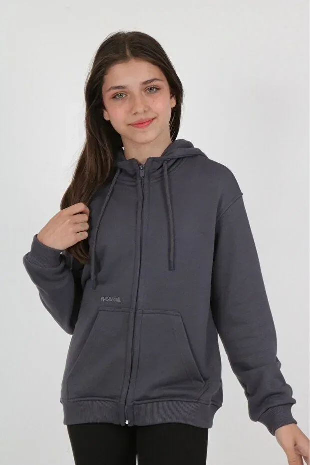 Детское худи-кардиган для девочек с принтом Smoked Girl's Smoked Hooded Zippered Pocket Low Shoulder Embroidery Printed Knitted Cardigan Toontoy, Smoke Grey — фото 2