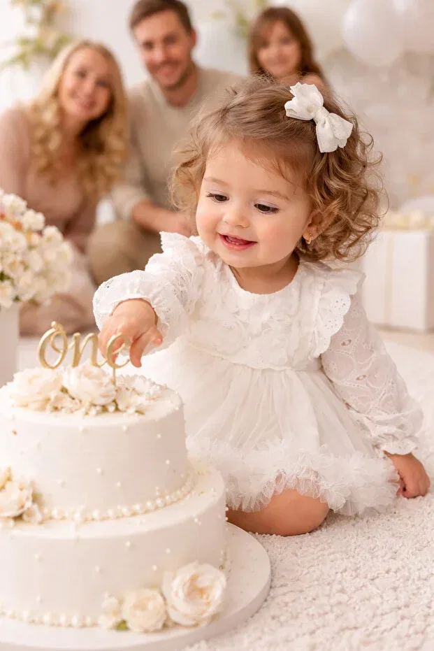 Детское кружевное платье для девочек Ely beyaz lace detailed baby girl dress - mevlüt dress, birthday dress Togy Baby Ve Kids Wear, White — фото 2