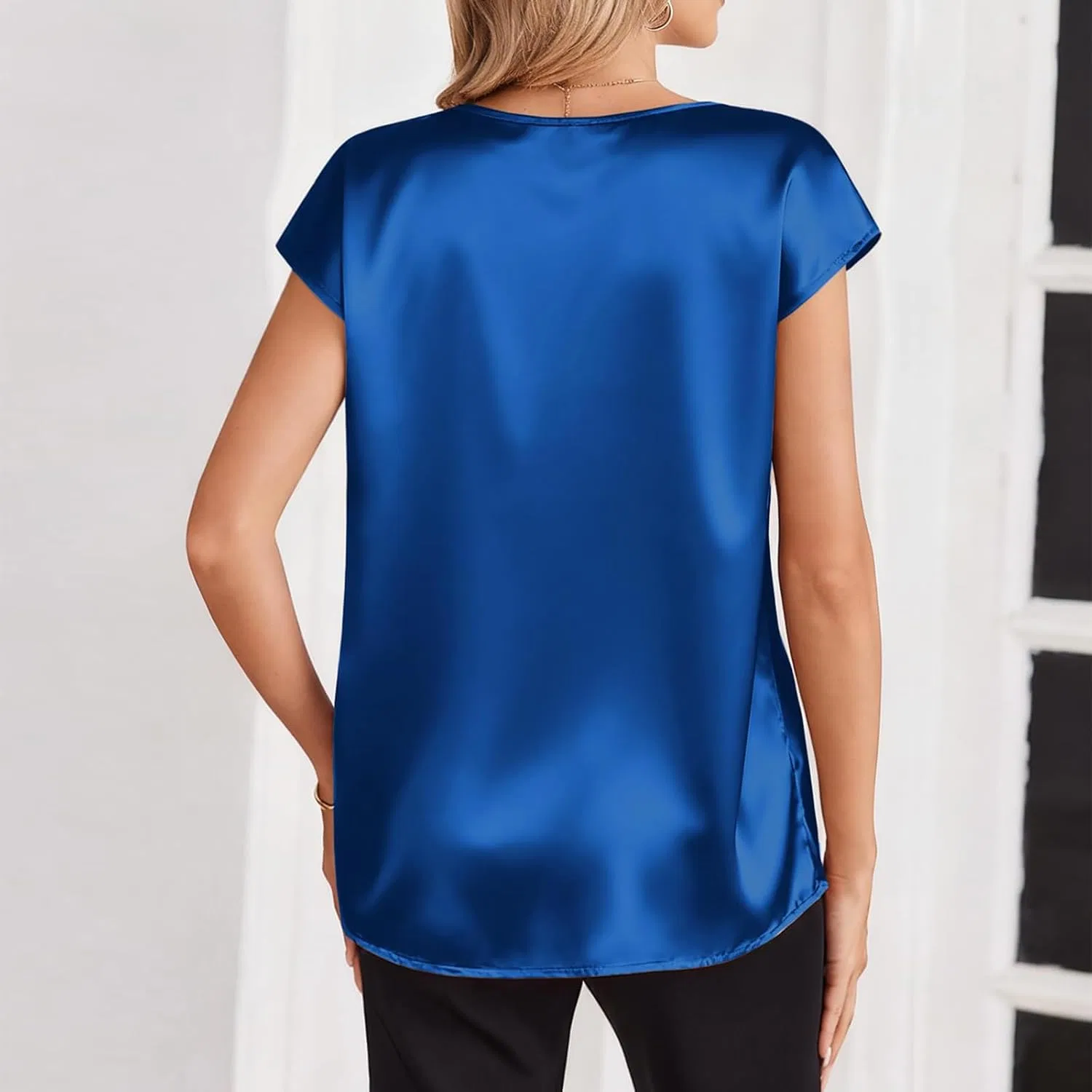 Женская шелковая блуза с V-образным вырезом и коротким рукавом, Tunic Tops Plus Size, Blue — фото 4