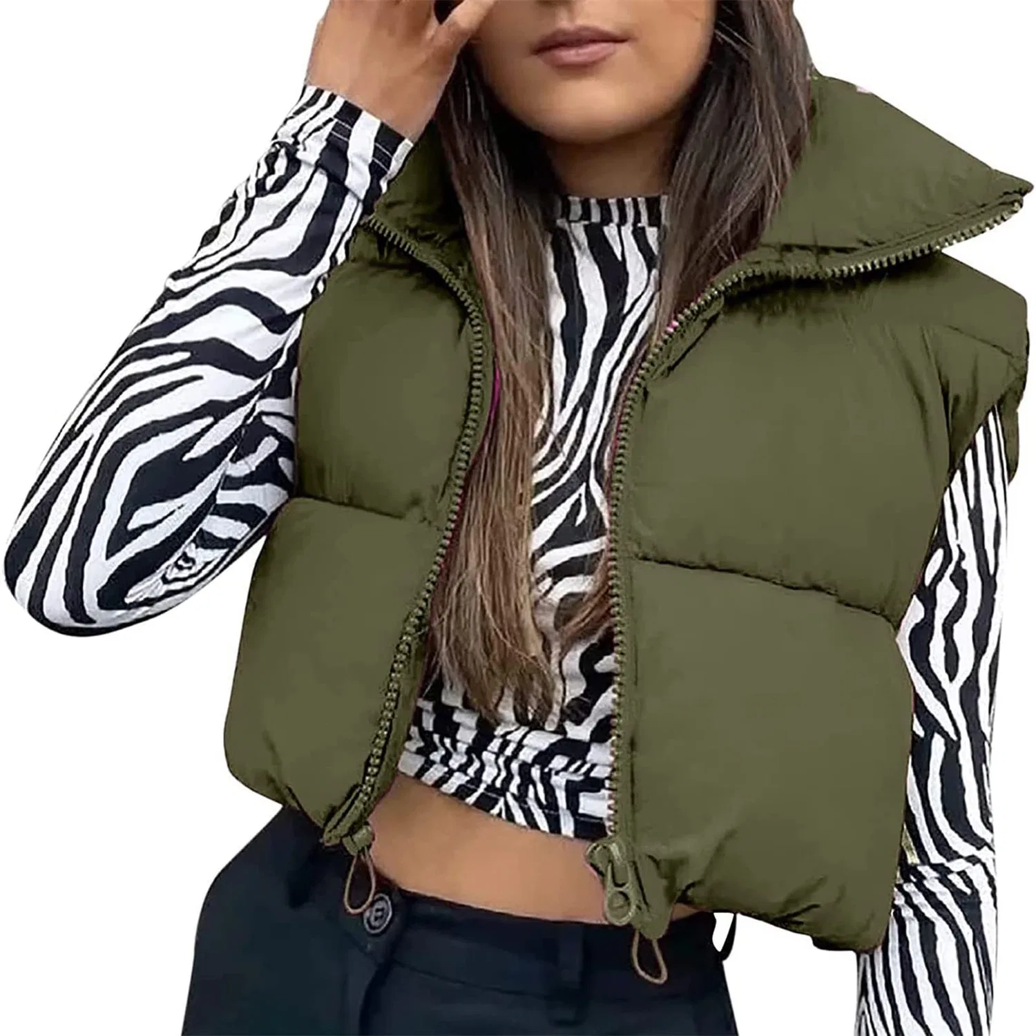 Женский утепленный жилет с коротким рукавом на молнии, army green