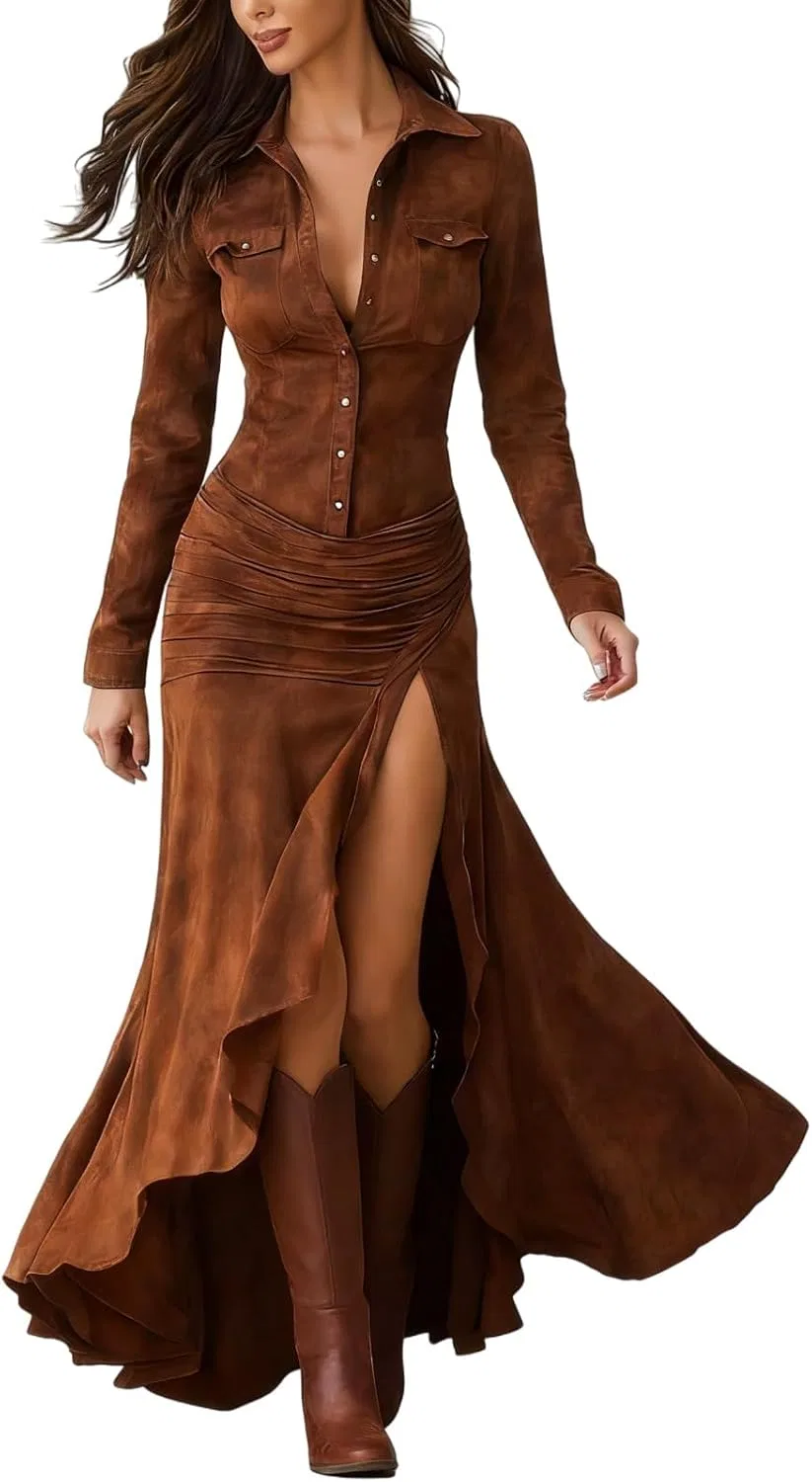 Женское ретро платье макси с воротником Western Suede, Caramel