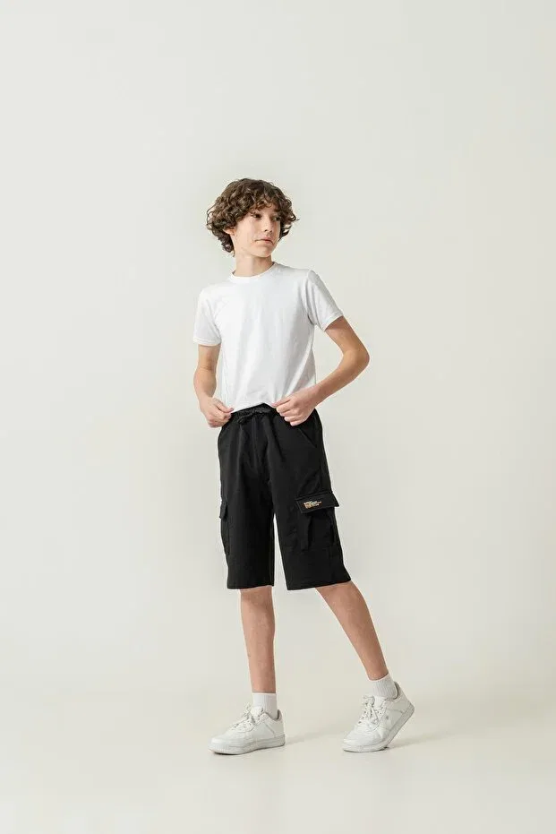 Детские шорты для мальчиков с принтом Double Cargo Pockets Left Pocket Cover Mışıl Kids, Black — фото 3