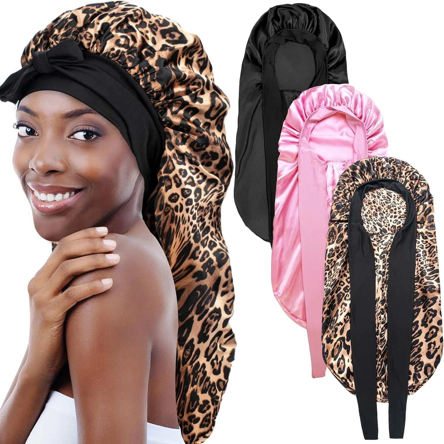 Шапочка для душа WOZUTUNT, 3 шт, набор, Black & Pink & Leopard