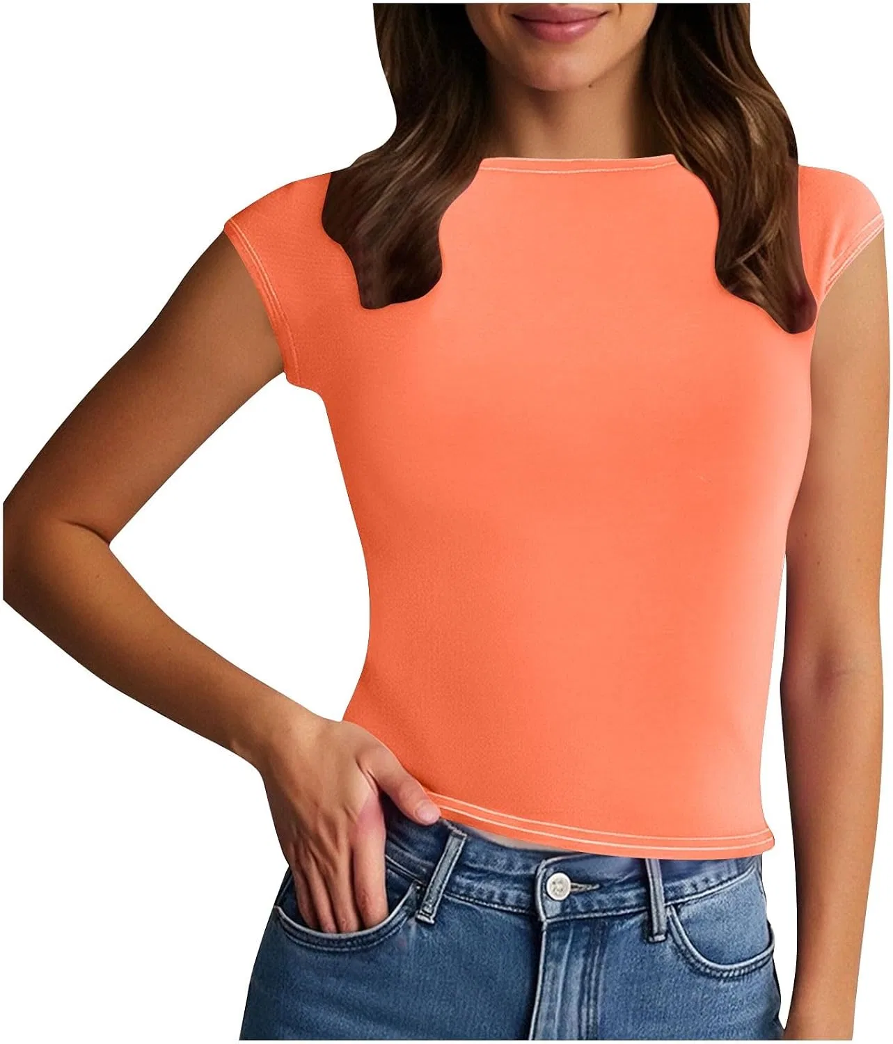 Женская облегающая футболка с коротким рукавом, Orange-2
