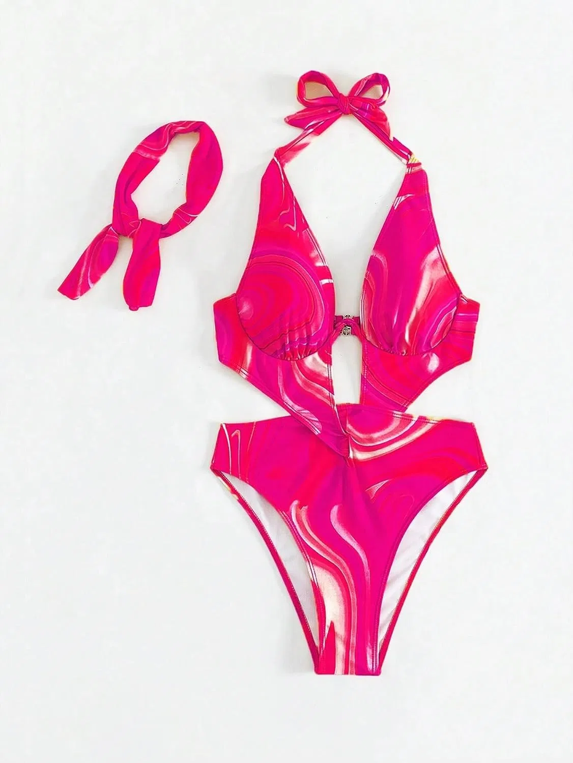 Женский монокини с вырезами и узлом Halter High Stretch, Hot Pink — фото 3