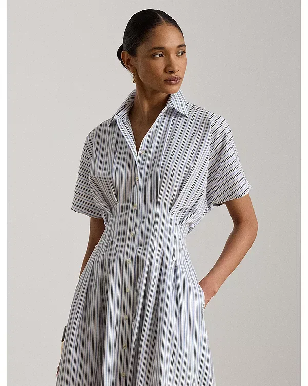 Женское платье из хлопка с принтом Petite Striped Pleated Broadcloth Shirtdress Ralph Lauren, Blue Multi — фото 2
