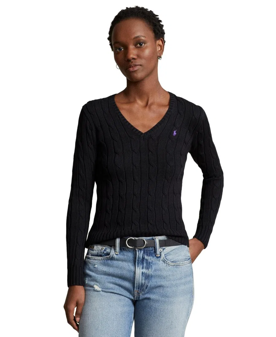Свитер женский с V-образным вырезом, кабельной вязки, хлопковый Polo Ralph Lauren, Polo Black