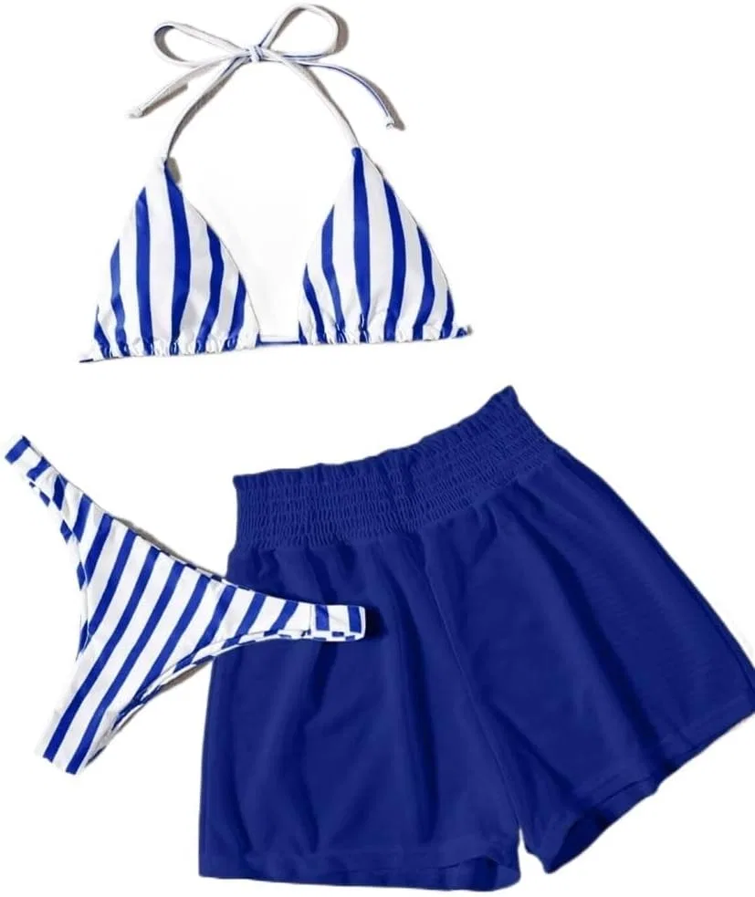 Женский бикини-комплект с высокой талией Wirefree Bra 3 Piece Striped, Royal Blue