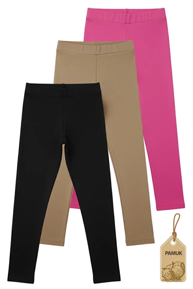 Детские леггинсы для девочек хлопковый комплект 3 шт Twoo Kids, Black Fuchsia Beige