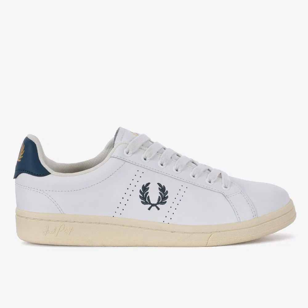 Мужские низкие сникеры B721 Leather бело-тёмно-петрольные от Fred Perry