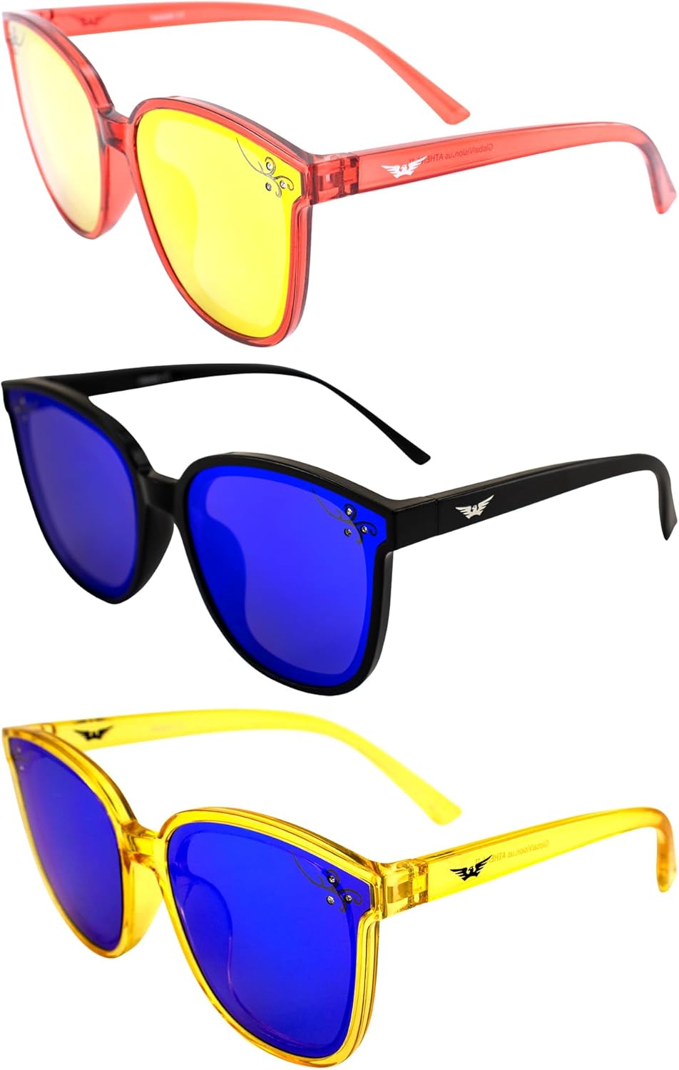 

Солнцезащитные очки Global Vision Eyewear Athena II Fashion для женщин, 3 пары: красные с красными зеркальными линзами и черные с желтыми оправами с синими зеркальными линзами, Red-red/Black-blue/Yellow-blue
