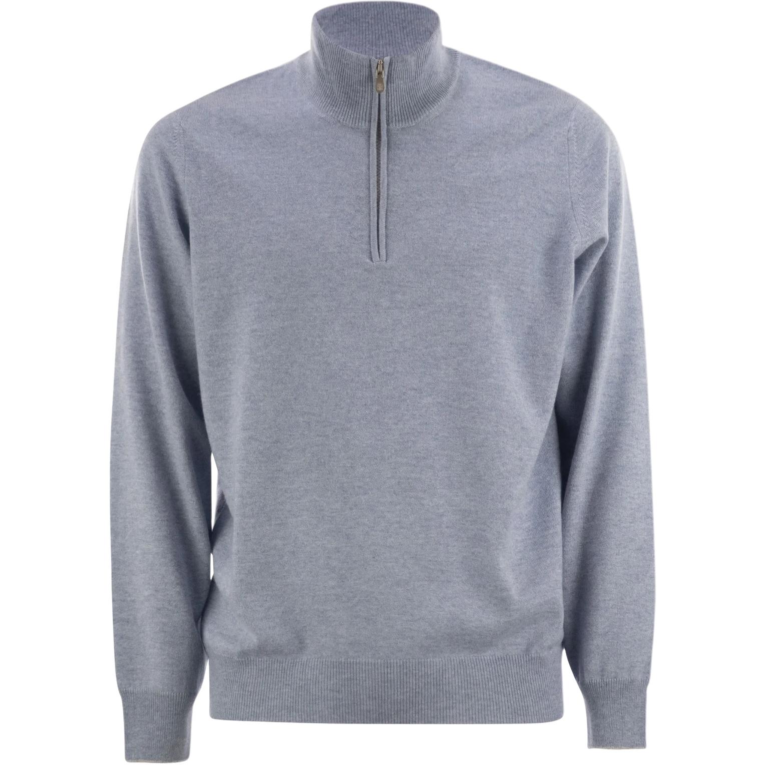 

Водолазка вязаная поло Brunello Cucinelli, синий/серый