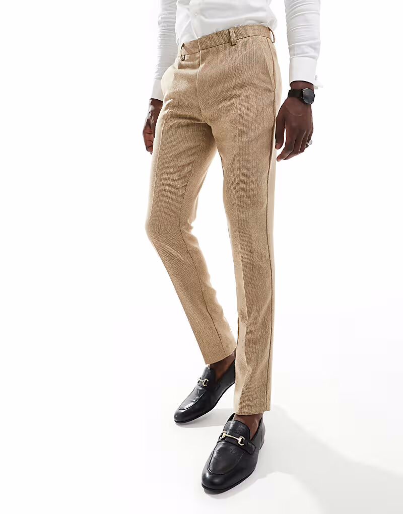 

Узкие шерстяные брюки с текстурой «рогожка» карамельного цвета Asos Design