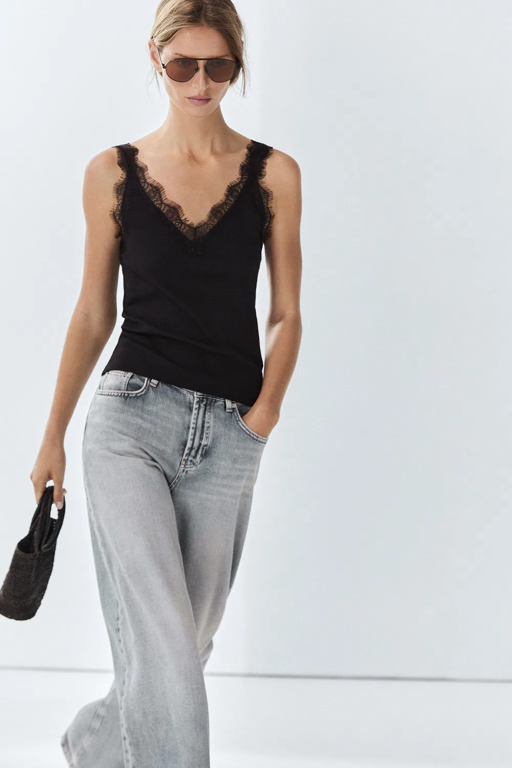 Топ Massimo Dutti Strappy Lace-Trim, черный