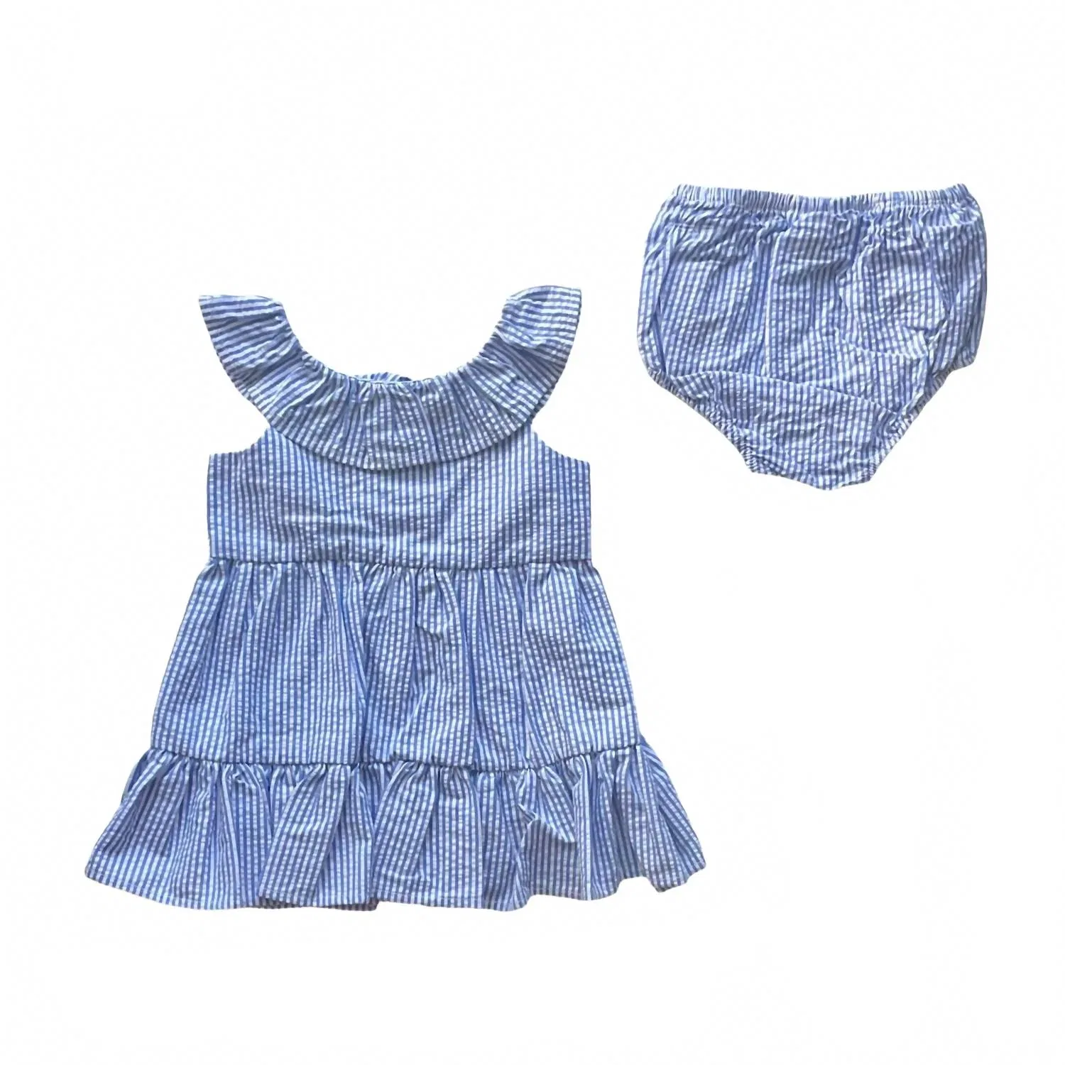 Детское платье для девочек с оборками и трусиками Seersucker Ruffle Dress Ralph Lauren, Blue/White