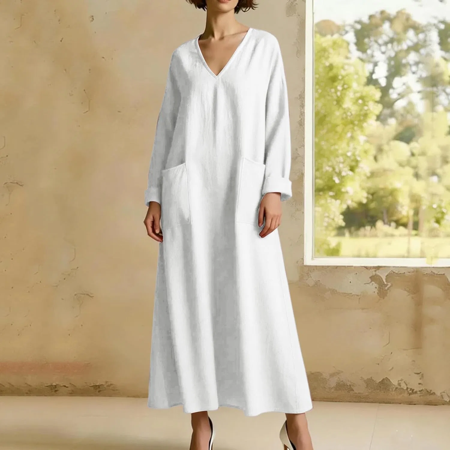 Женское макси-платье свободного кроя с длинным рукавом, White — фото 3