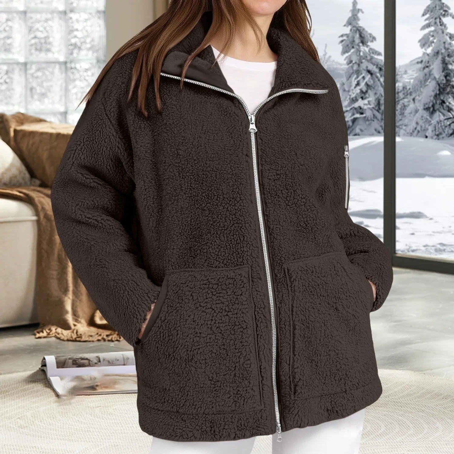 Женская флисовая куртка с принтом Oversized Fleece Jacket, Chocolate Brown — фото 3
