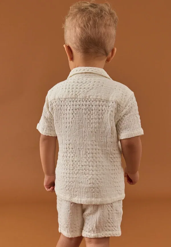 Костюм из хлопка Short sleeves revere collar texture set, Next, Ecru Texture Plain, экрю — фото 3
