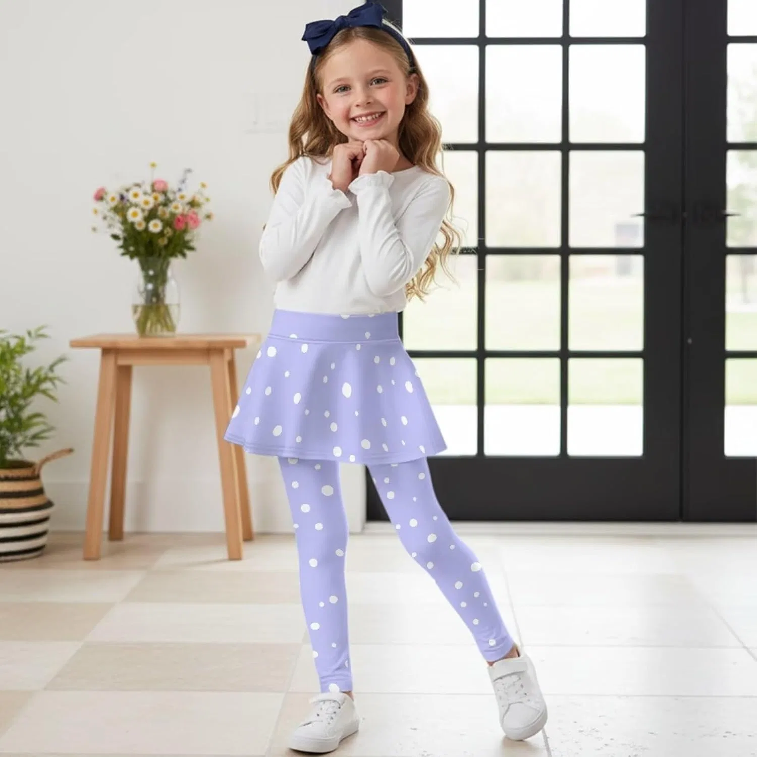Леггинсы с юбкой для девочек Hresuewn, 2-в-1, White Polka Dot-lavender — фото 4